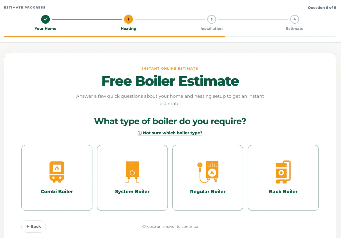 South Wales Renewables bespoke boiler estimate calculator interface showing question 6 of 9 and boiler type options