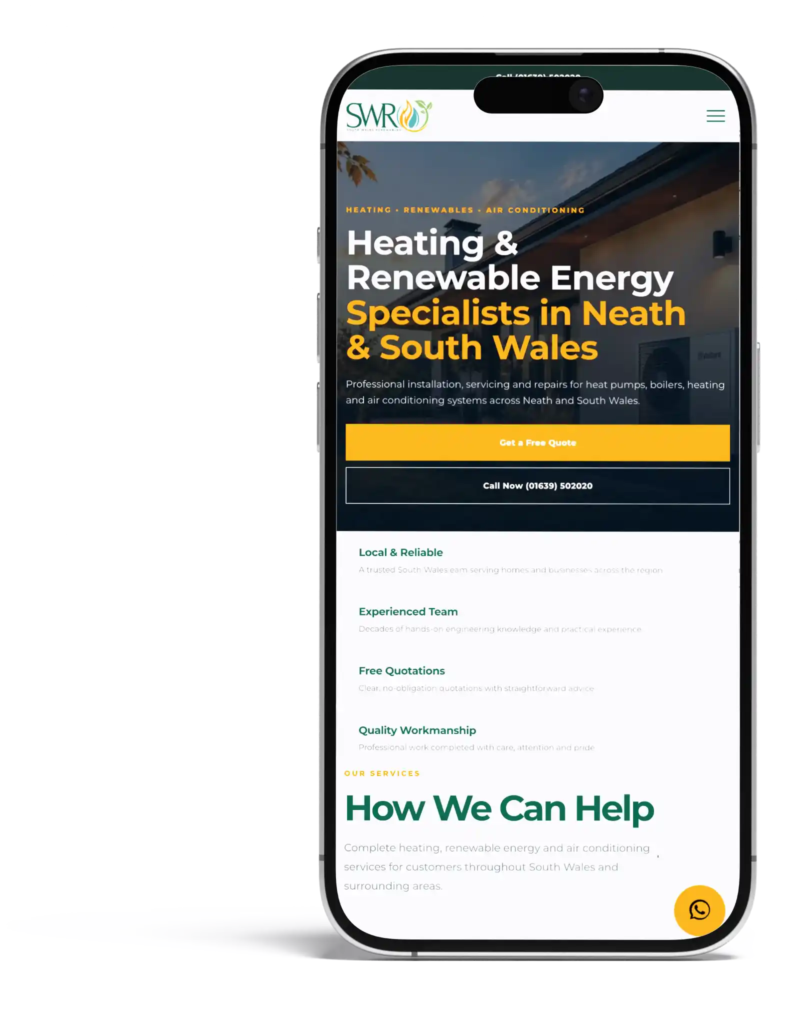 South Wales Renewables responsive website displayed inside an iPhone presentation graphic