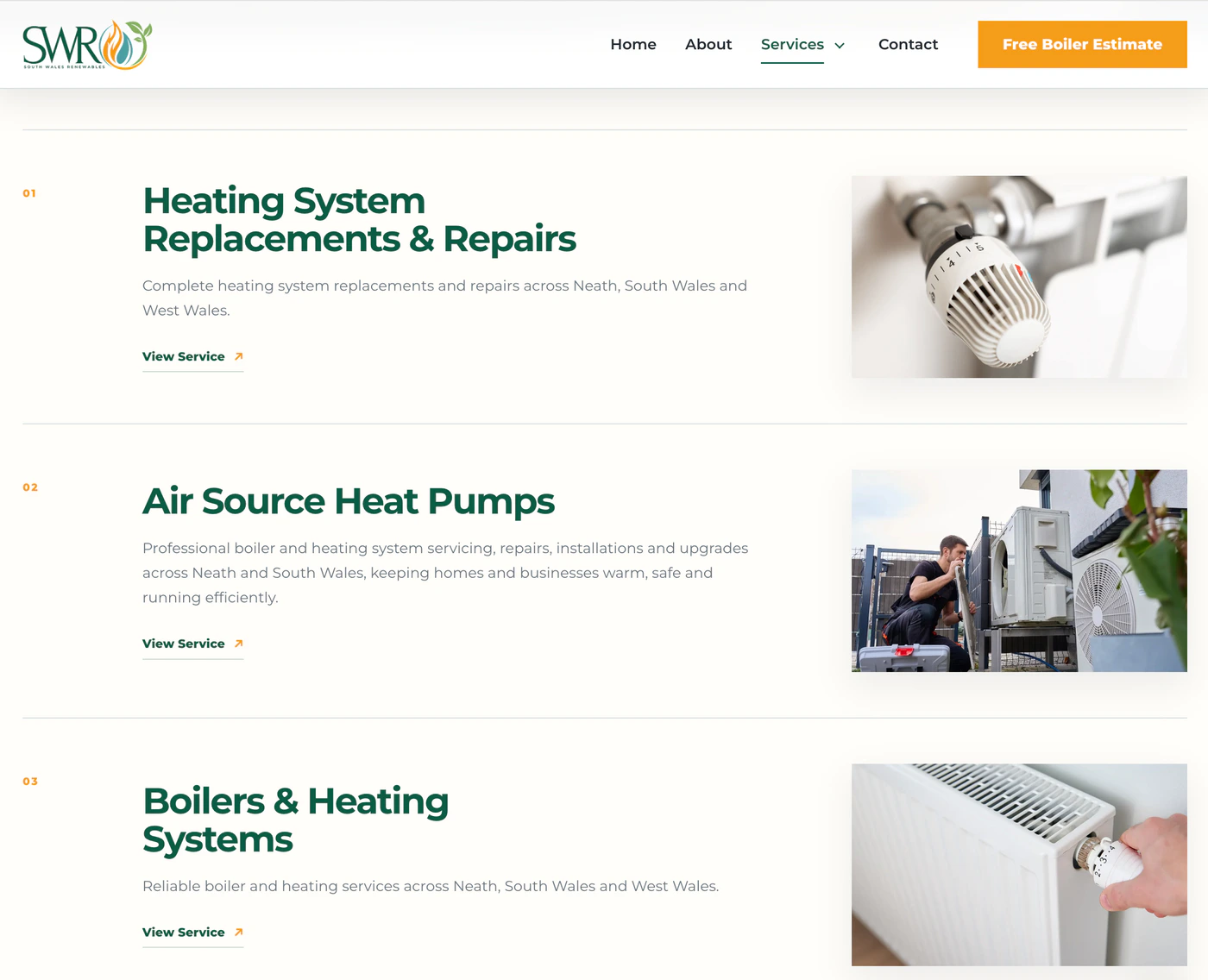 South Wales Renewables services page showing the redesigned service layout