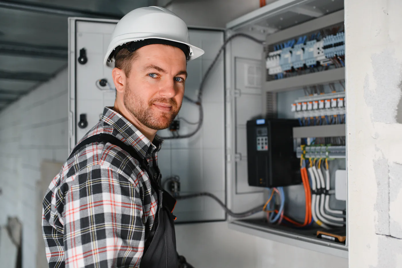 Electrician beside an electrical control panel