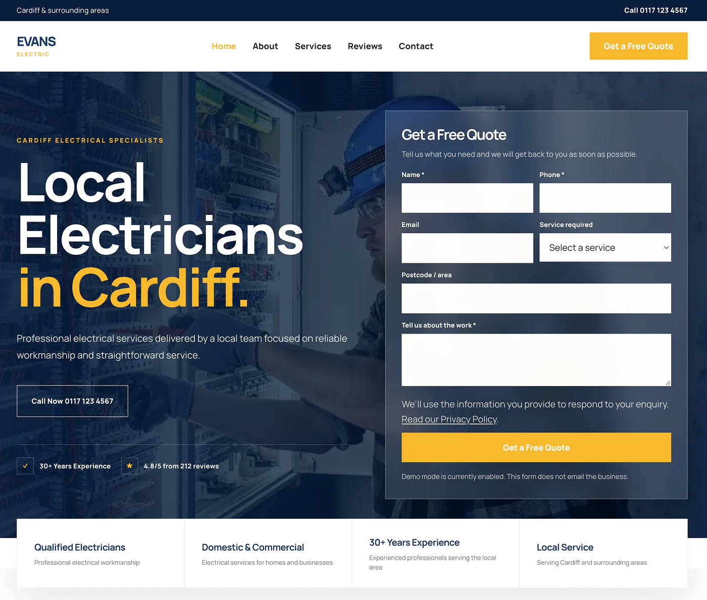 Electrician website concept with a prominent quote form for a local electrical business