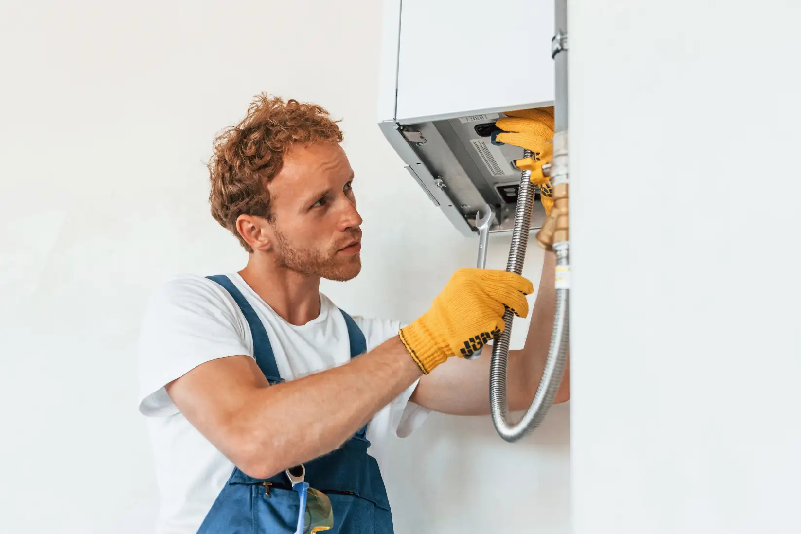 Heating engineer servicing a wall-mounted boiler