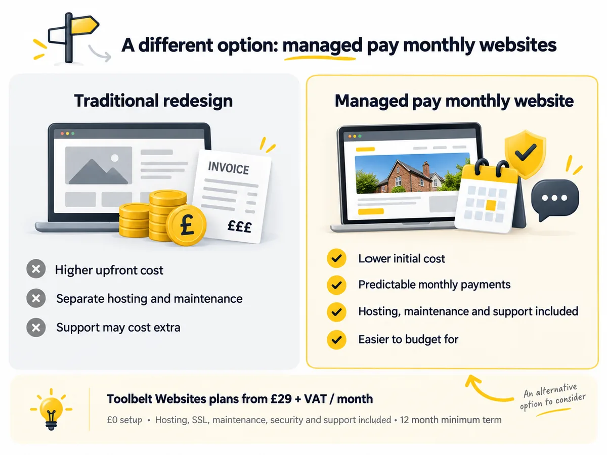 Comparison of a traditional website redesign with a managed pay monthly website, showing upfront cost, monthly payments, hosting, maintenance and support.