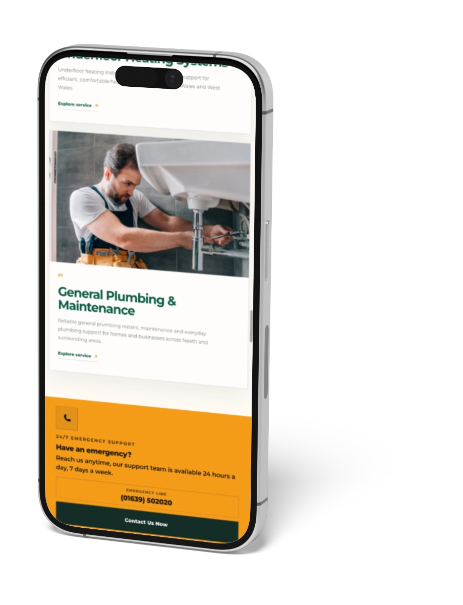 Mobile-friendly tradesman website displayed on an iPhone, designed by Toolbelt Websites for a UK plumbing and heating business.