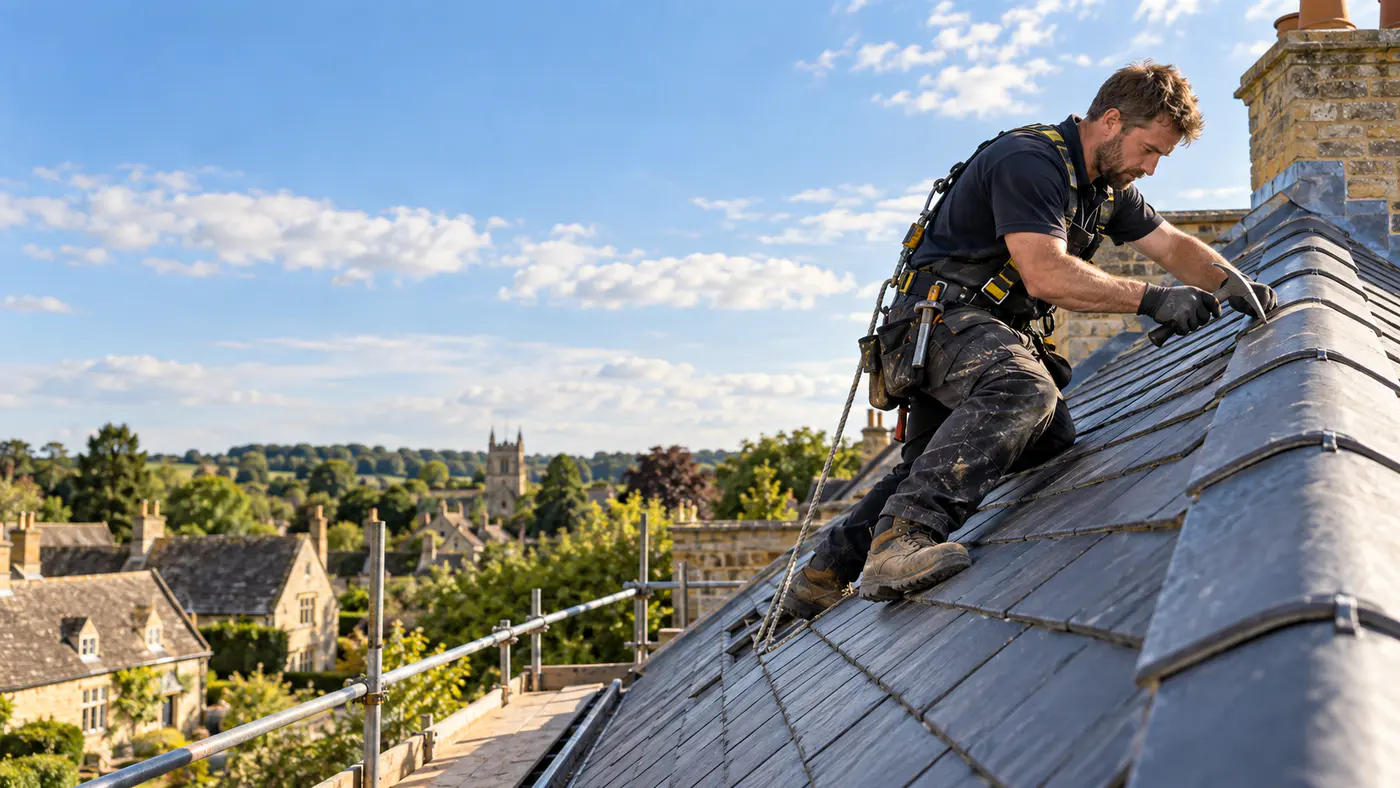 Experienced British roofer completing a pitched roof installation on a residential property