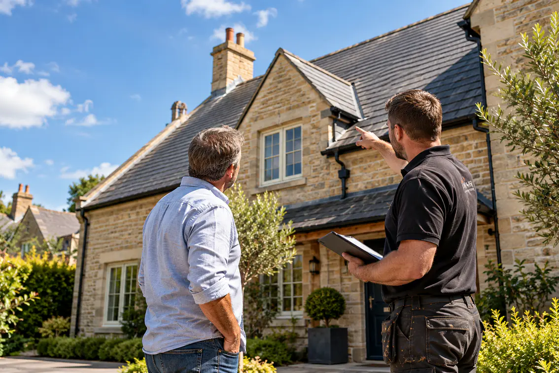 Roofer surveying a residential roof with a homeowner before providing a quotation