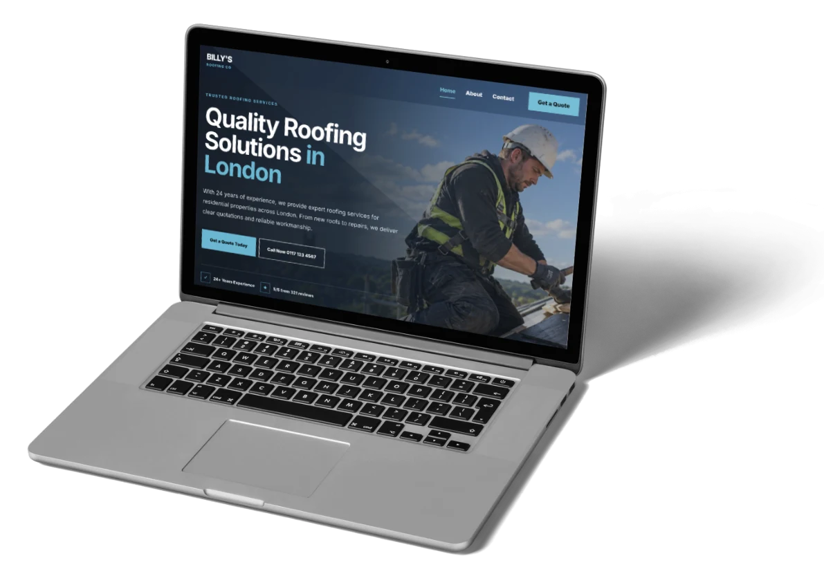 Laptop mockup showing a roofing website design for a UK trades business