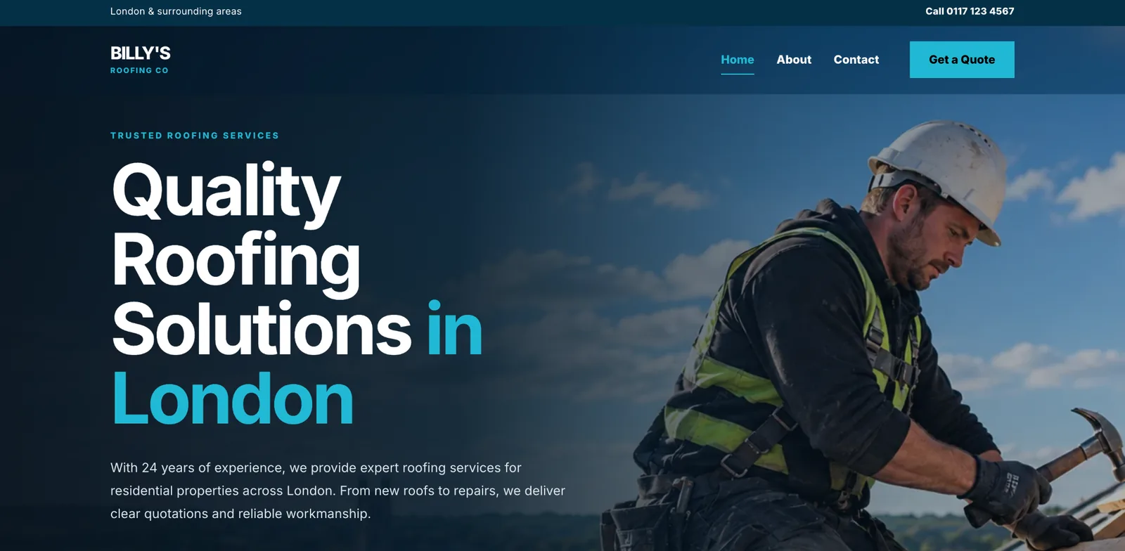 Example of a modern roofing website for a UK trade business, designed to look professional and support more customer enquiries.