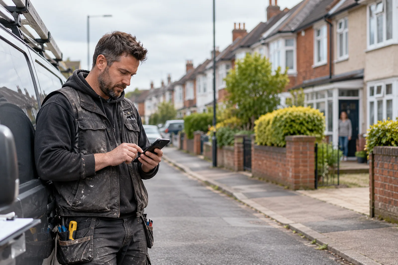 UK tradesperson reviewing several routes to local customer enquiries beside a work van.