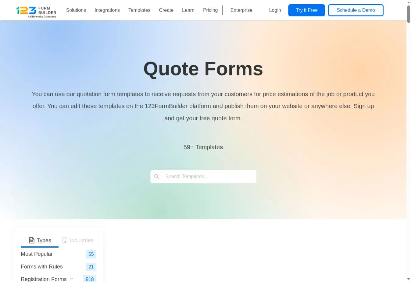 123FormBuilder quote form template gallery for customer price estimation requests
