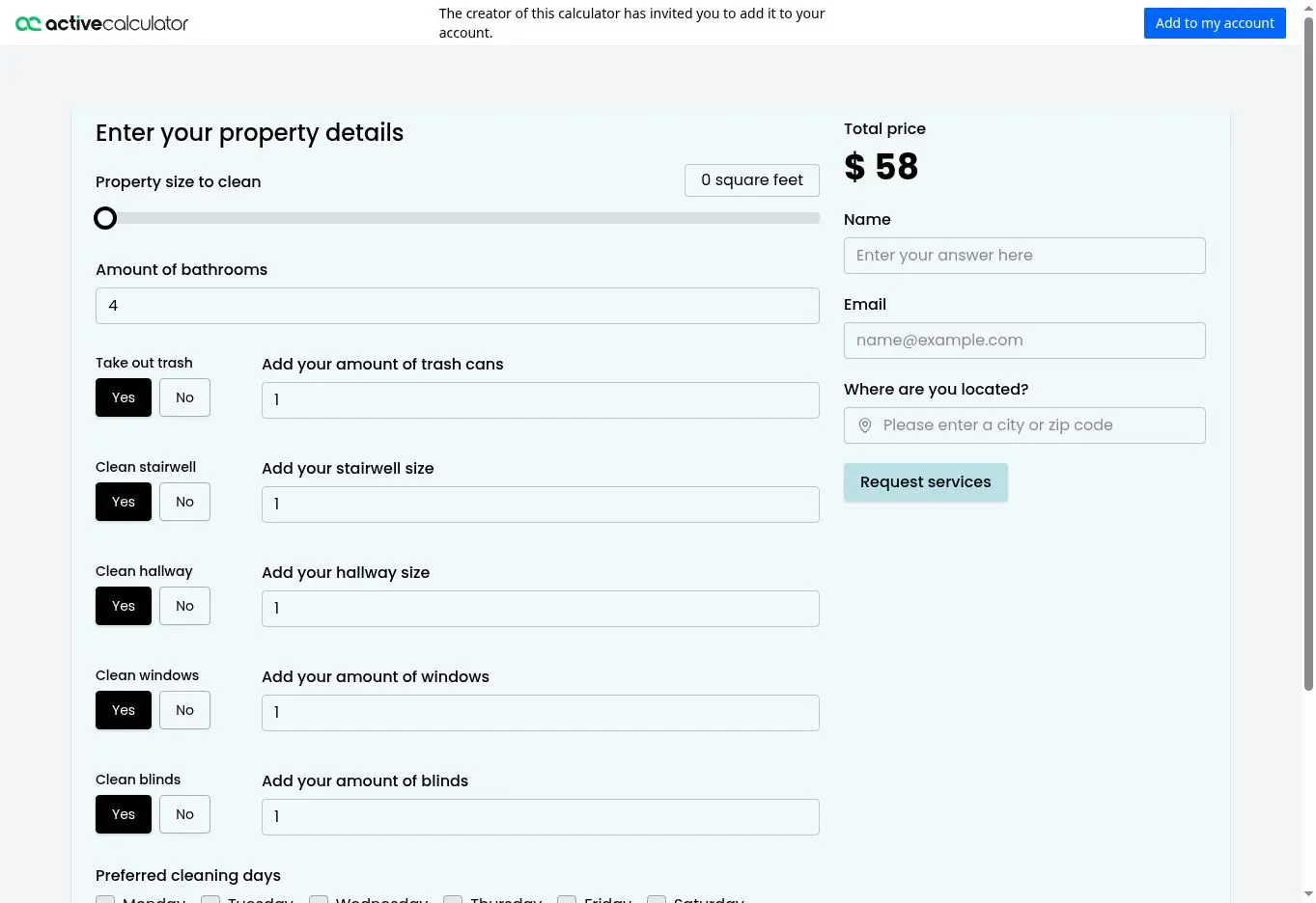 ActiveCalculator cleaning estimate calculator showing service options, customer details and a live total of $58