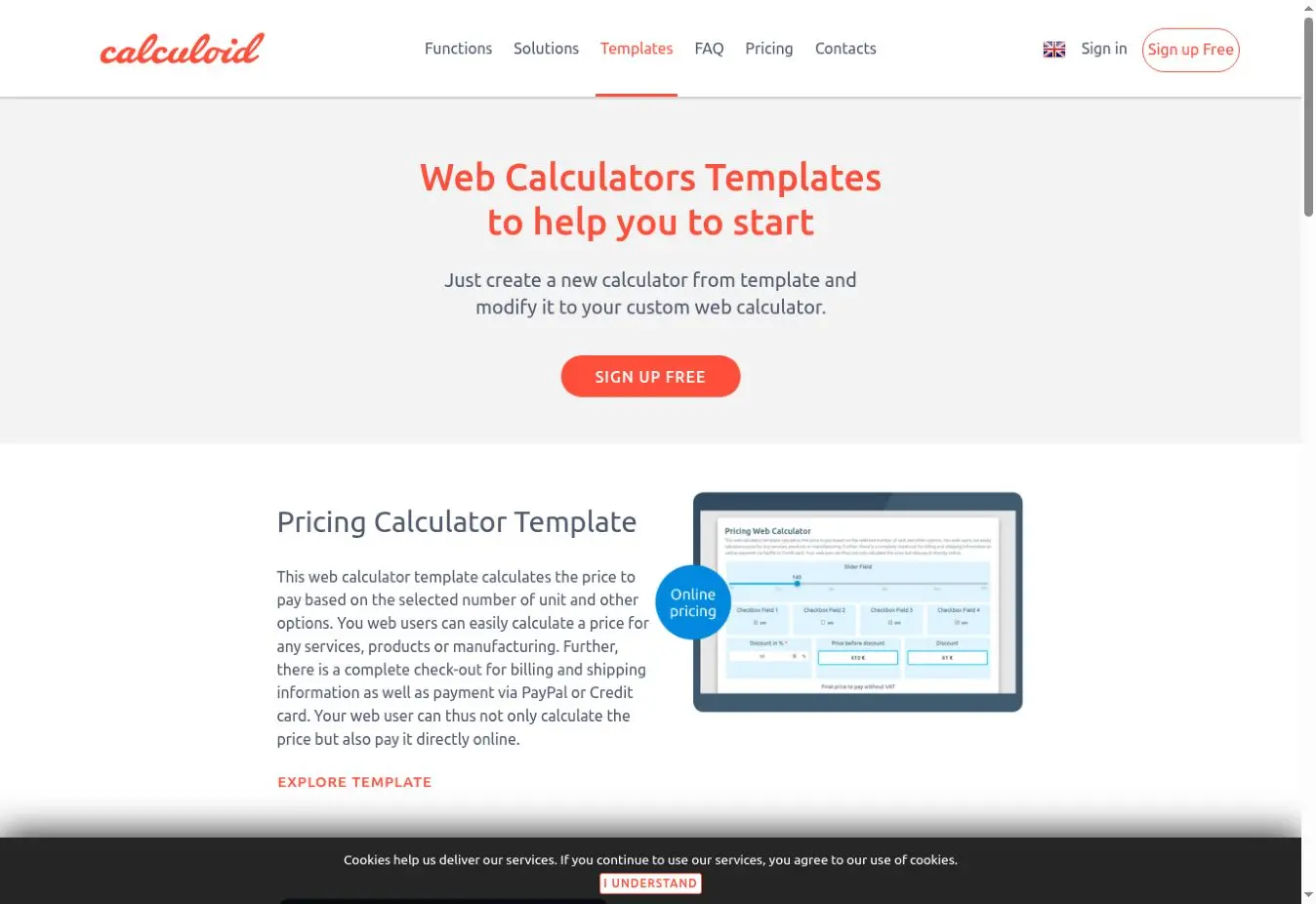 Calculoid pricing calculator template displayed in the provider's official template gallery