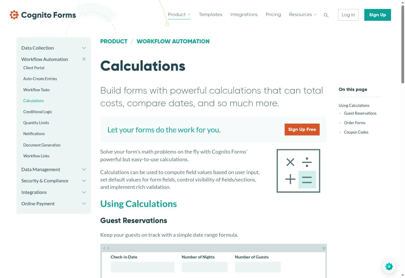 Cognito Forms calculations feature page explaining how forms can total costs and calculate field values