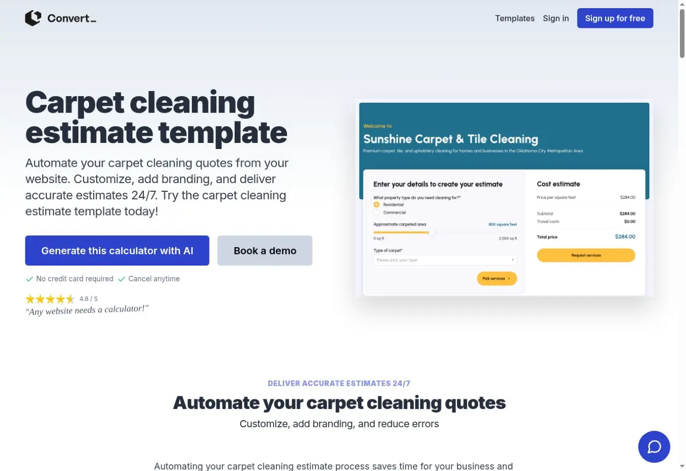 ConvertCalculator carpet cleaning estimate template with service selections and a cost estimate panel