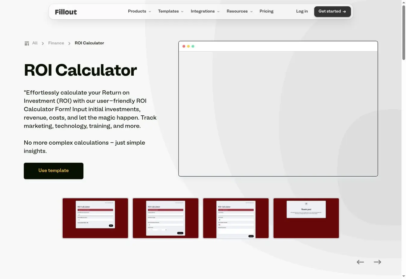 Fillout ROI calculator template showing investment and revenue form screens
