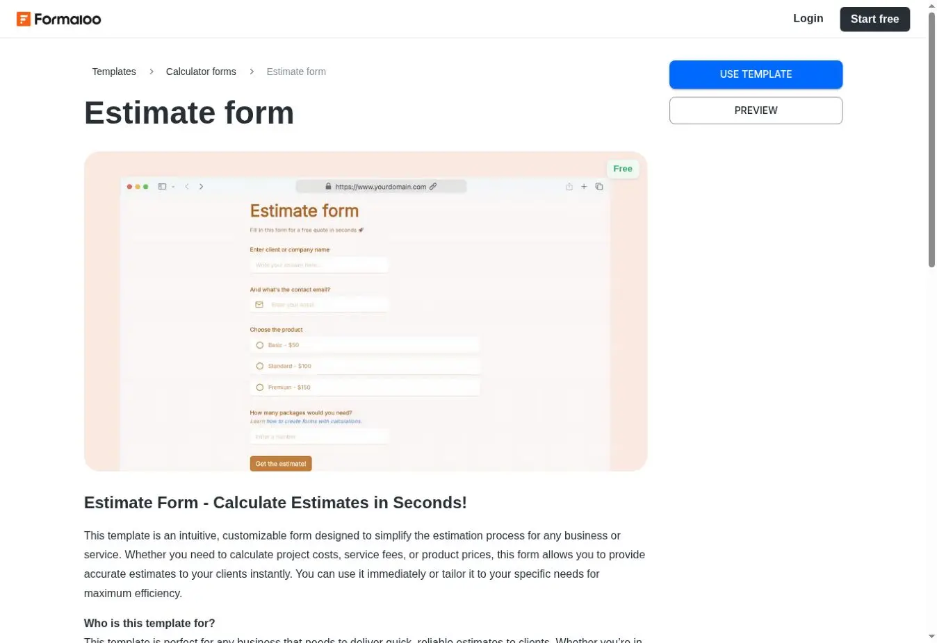 Formaloo estimate form template with product choices, quantities and a button to calculate an estimate
