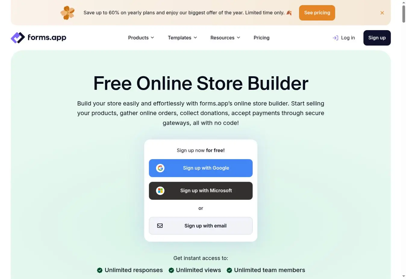 forms.app online store builder page for collecting product orders and payments