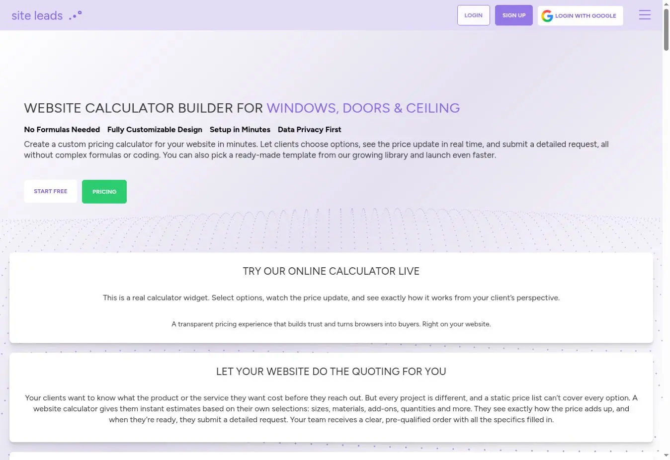 GetSiteLeads website calculator builder page describing an interactive pricing calculator