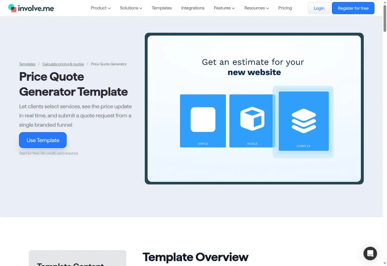 involve.me price quote generator template for estimating a new website