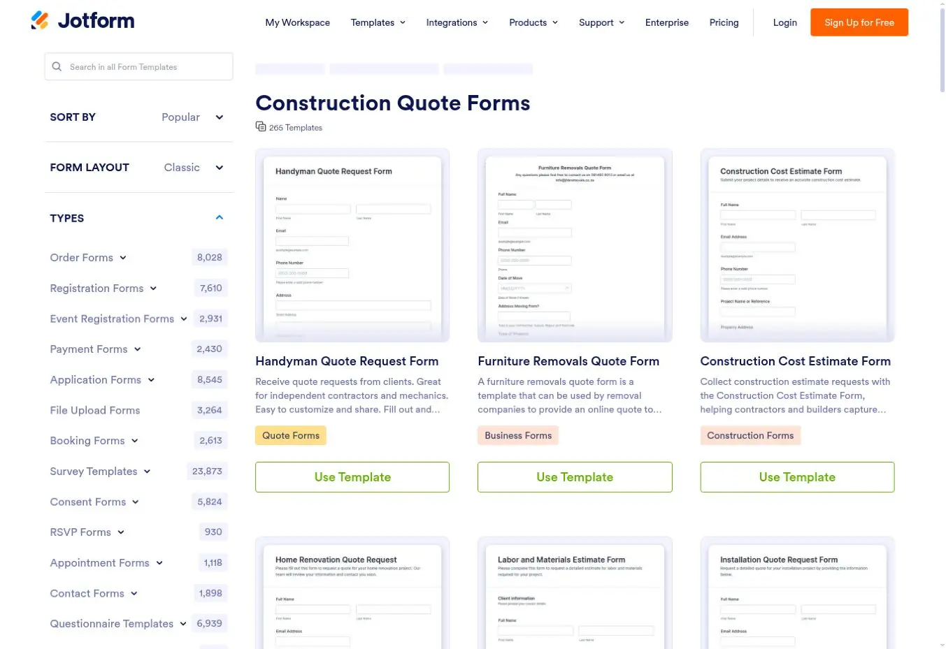 Jotform construction quote form gallery showing handyman, removals and construction estimate templates