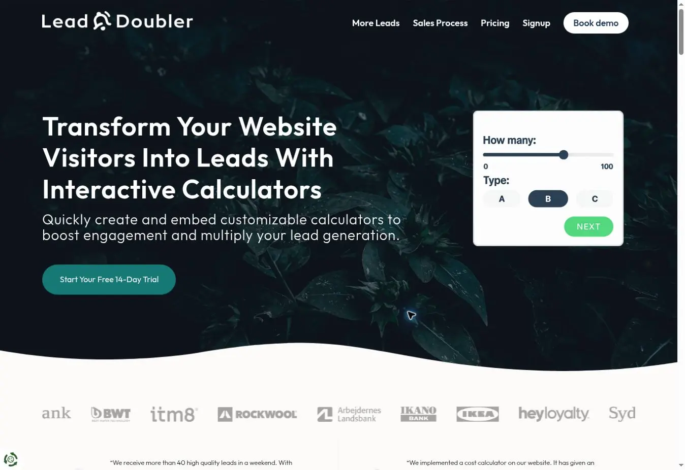 LeadDoubler homepage showing an interactive calculator preview with a slider and selectable options