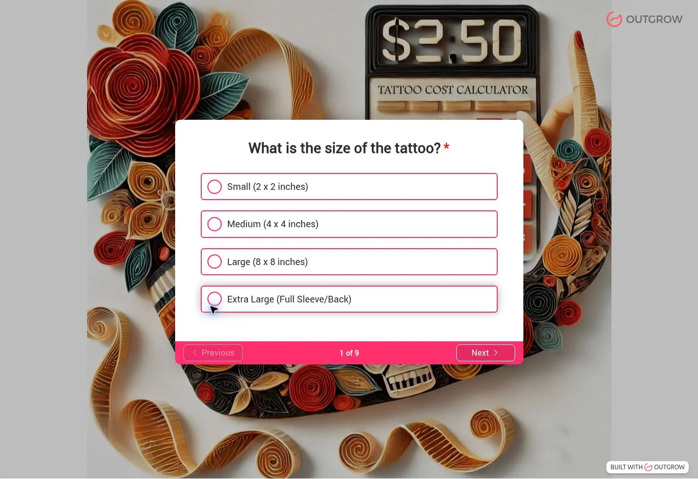 Outgrow tattoo cost calculator asking the visitor to select a tattoo size