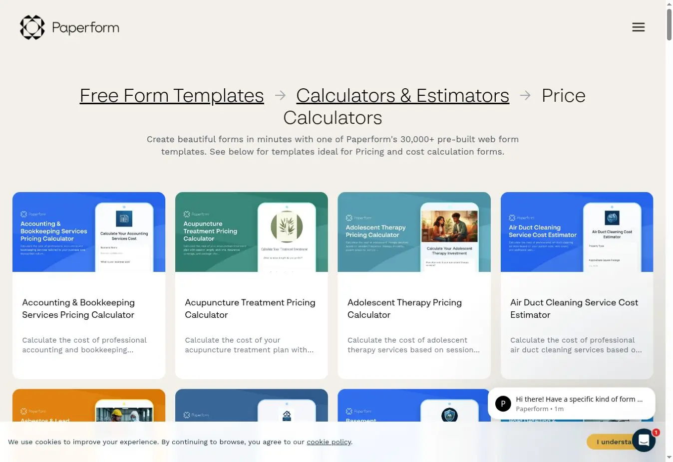Paperform price calculator gallery with accounting, treatment and service cost estimator templates