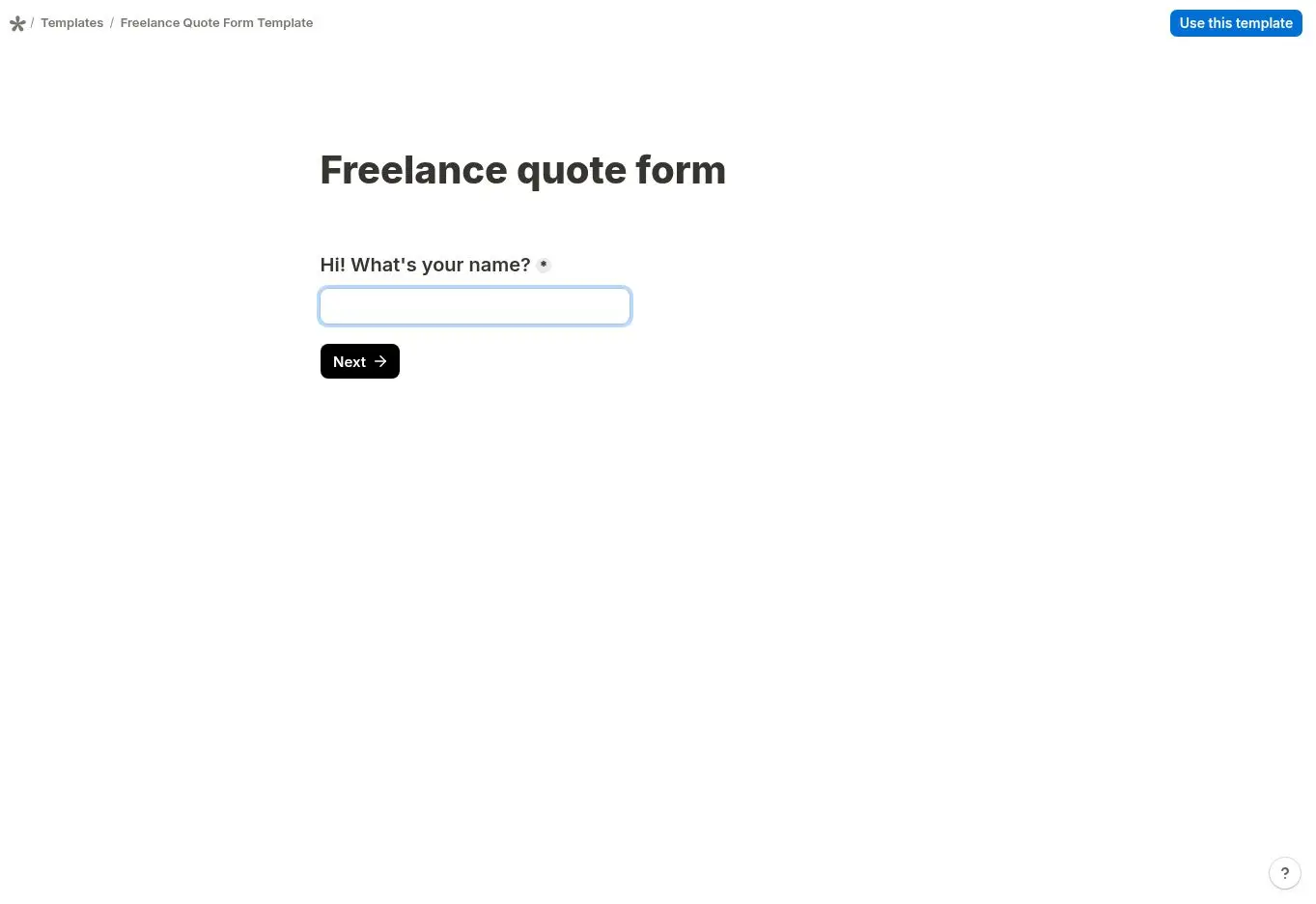 Tally freelance quote form template beginning with a customer name field