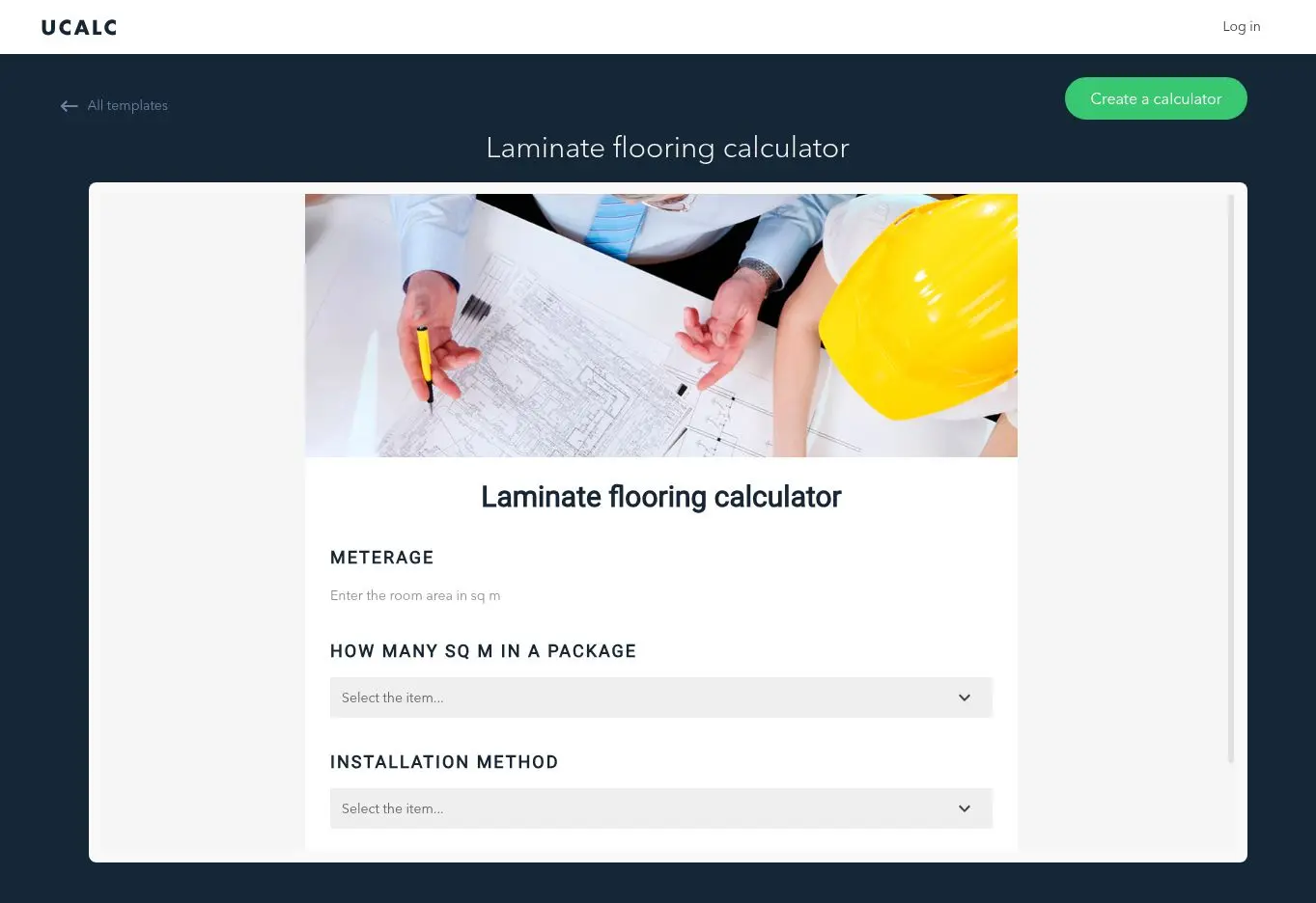 uCalc laminate flooring calculator with room area, pack size and installation method fields