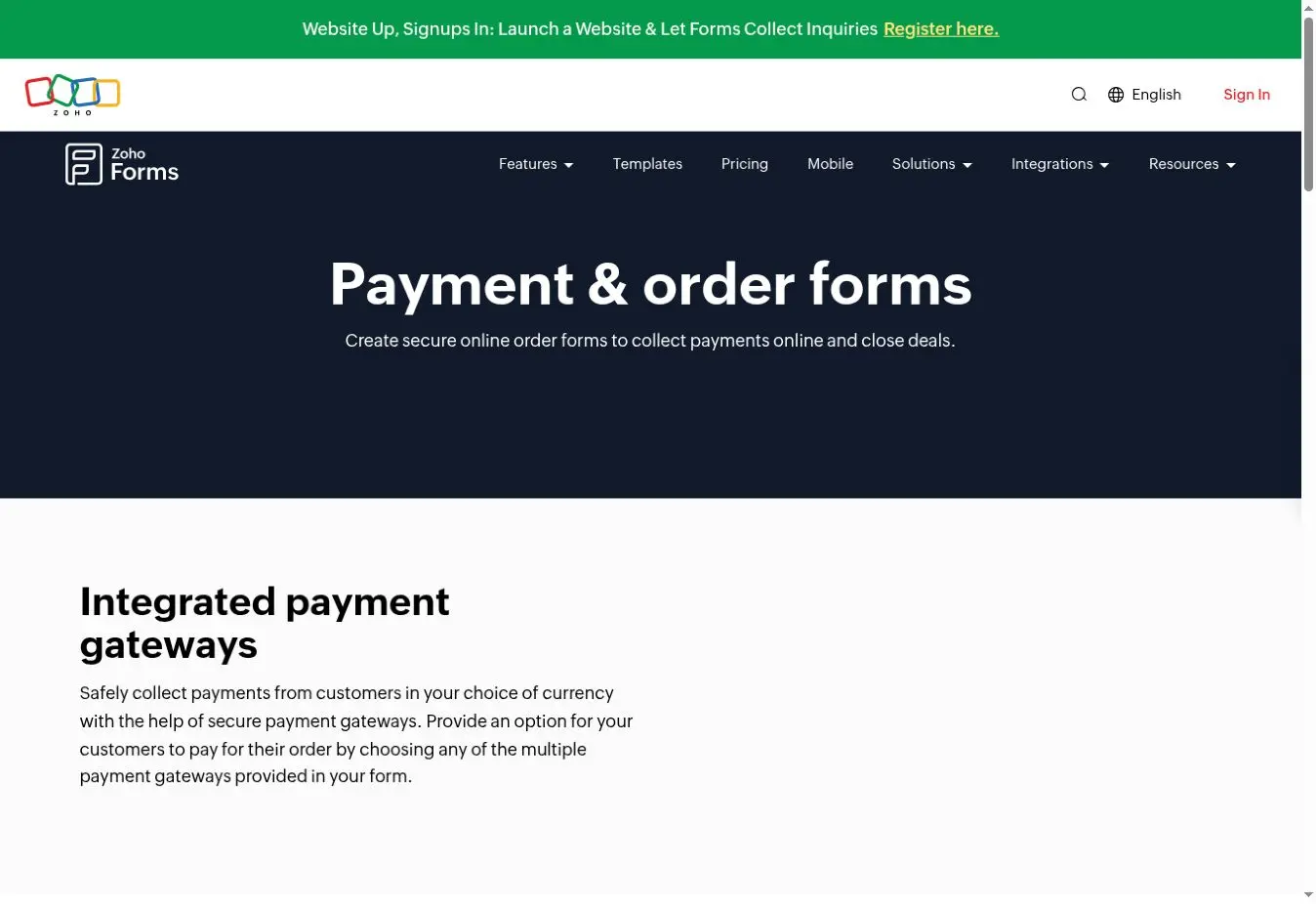 Zoho Forms payment and order forms page for creating online orders and collecting payments